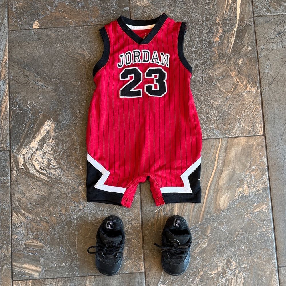 Jordan 23 Red & Black Baby Romper 12M & jump man shoes size 4C